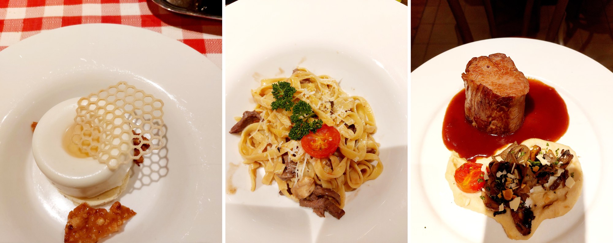 Drei Gerichte aus dem French Kiss Restaurant: Dessert mit Honigwabe, Tagliatelle mit Rind und Steak mit Rotweinsauce