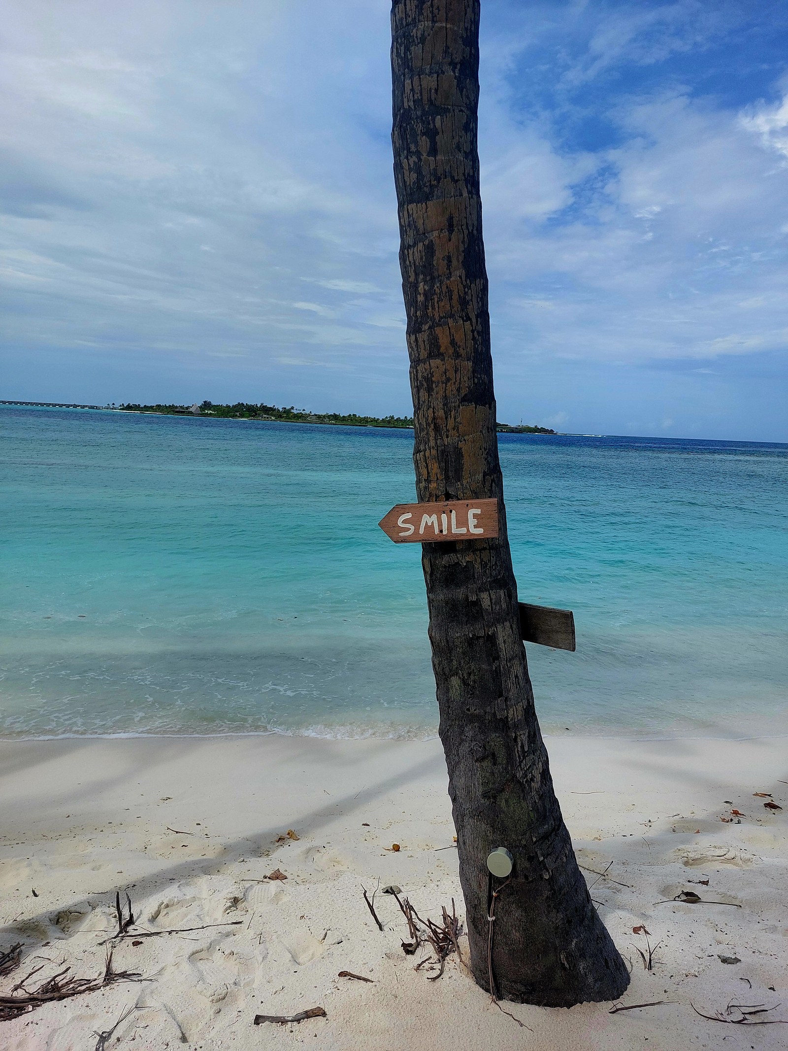 SMILE-Schild an einer Palme am Strand der Malediven