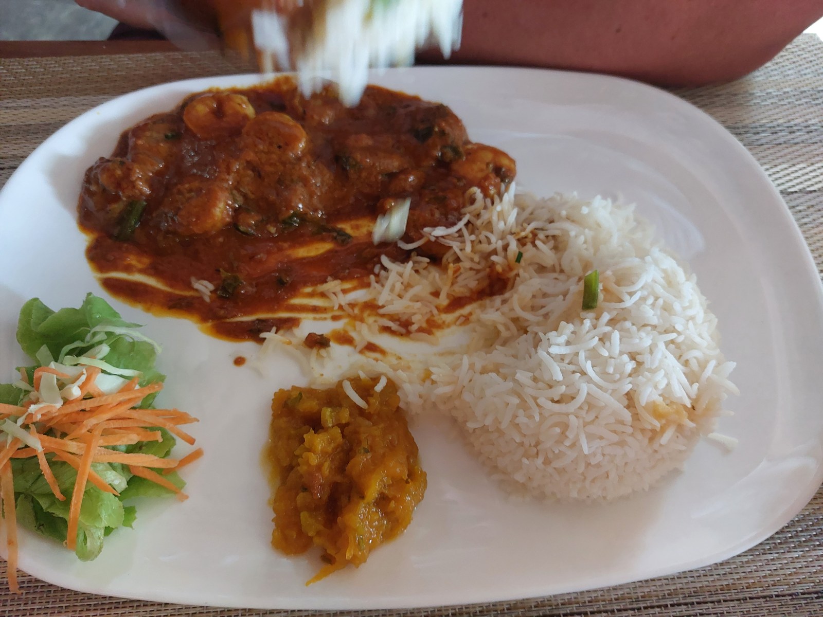 Curry mit Reis und Salat, typisches Essen auf Mauritius